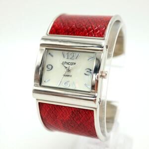 Chico's Womens MOP Rectangle Red Textured Cuff Watch 34mm Dial with New Battery